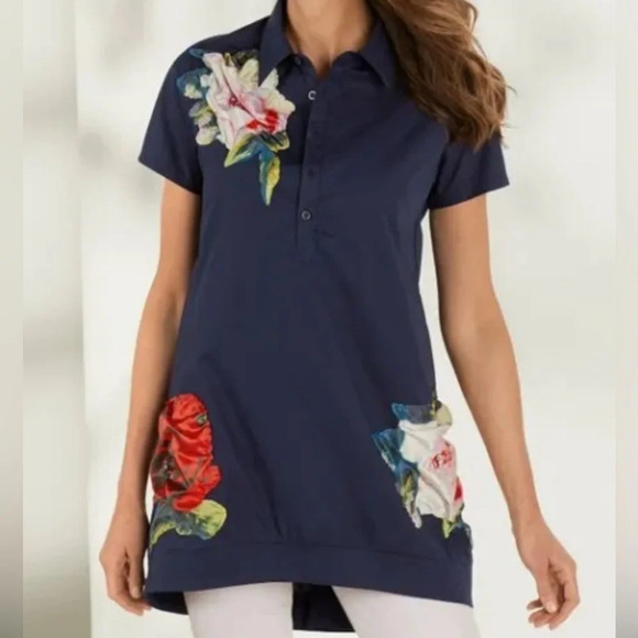 🌻 Soft Surroundings Ella Floral Appliqué Tunic Top Navy size Small - Picture 1 of 11